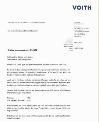 德国voith产品涨价函